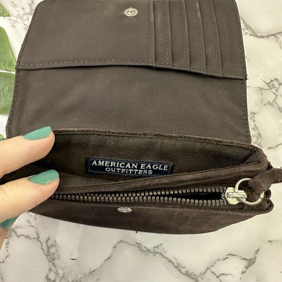 American Eagle Vintage Y2k Suede Wallet Dark Brown Lace Up Small Bifold - Picture 5 of 6